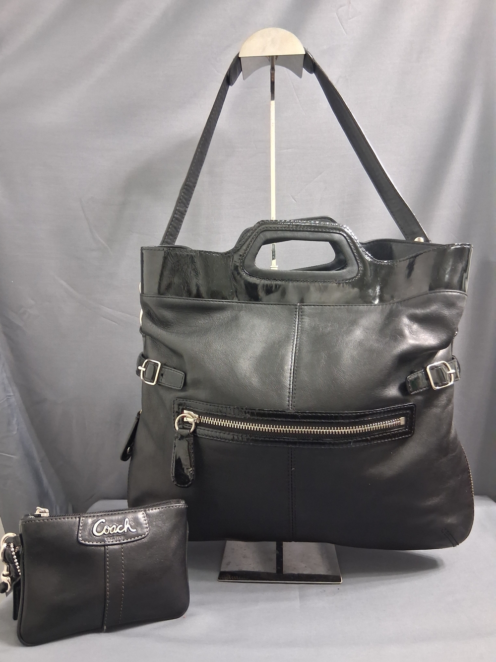 Coach Bonnie Black Leather Foldover Shoulder Bag W/ Free Wristlet  # 13380
